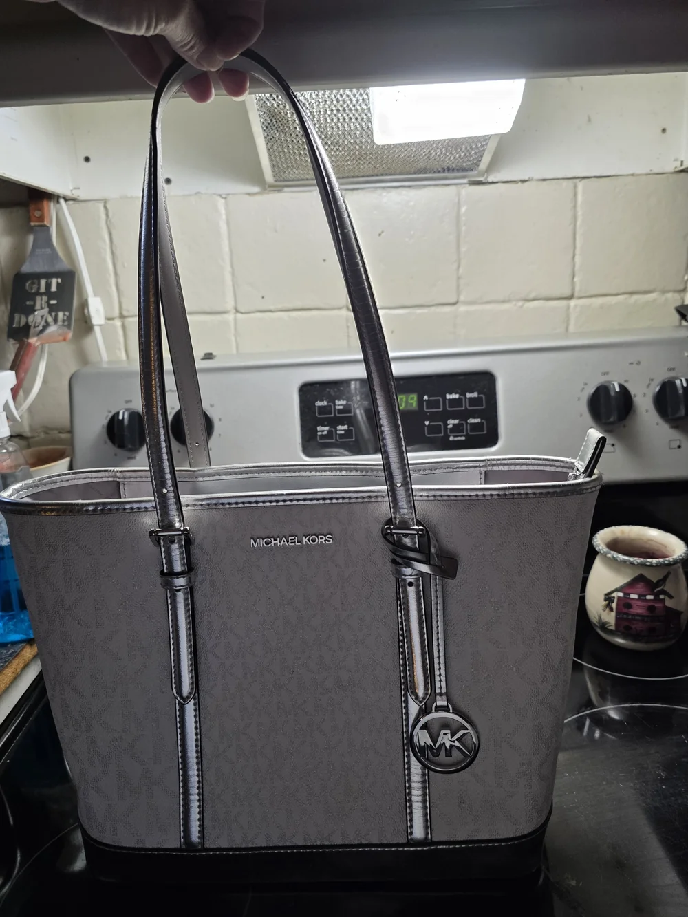 Michael Kors White and Silver MK Logo Tote